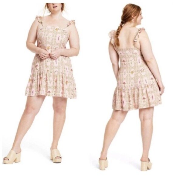 Agua Bendita Target Dainty Floral Tile Flutter Sleeve Mini Dress Size XXL - Picture 1 of 12